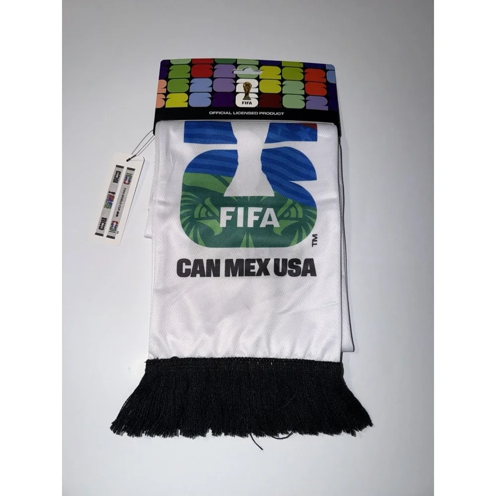 FIFA World Cup 2026 Scarf White Black Fringe CAN MEX USA Soccer Memorabilia NWT